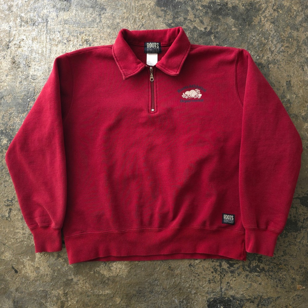 Vintage 90s Roots Athletics Red Quarter Zip Sweatshirt Size M Distressed